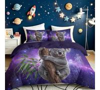 Art De L'Illustration Housse de Couette 140 x 200 cm - Voie Lactée Ciel Étoilé Koala Mignon - Parure de lit Enfant - Microfibre Parure Couette Fermetures éclair, Violet