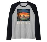 Art de Paysage Urbain Vintage rétro de Houston Skyline Texas Manche Raglan