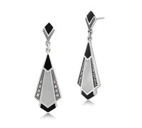 Art Déco Onyx, Nacre & Marcassite Goutte Earrings IN 925 Argent Sterling