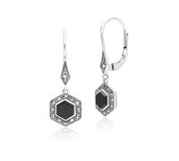 Art Déco Style Hexagone et Onyx Marcassite Boucles D'Oreilles Goutte en Argent