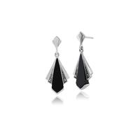 Art Déco Style Noir & Onyx Marcassite Éventail Goutte Earrings IN 925 Argent