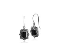 Art Déco Style Octogone Noir Spinelle & Marcassite Goutte Boucles en Argent