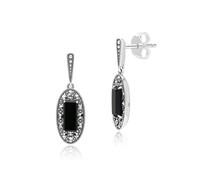 Art Déco Style Ovale Onyx Et Marcassite Boucles D'Oreilles Goutte en Argent