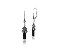 Art Déco Style Rectangle Onyx Noir & Marcassite Goutte Boucles en Argent