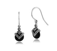 Art Déco Style Rond Onyx Noir & Marcassite Goutte Earrings IN 925 Argent