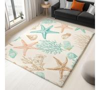 Art Déco Tapis de Salon Lavable 60 x 90 cm, Faible Poil Antidérapant Adapté à l'aspirateur avec Motif Corail Étoile De Mer Coquillage Tapis Chambre pour Commercial de Bureau, Kaki