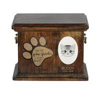 Art-Dog Custom Cat Memorial Urn - Boîte en Bois Faite à la Main avec Plaque en Céramique - Urne pour Cendres de Chat - Design Géométrique - 8,3x11,4x8,7" - Américain à Poil Court