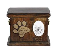 Art-Dog Custom Cat Memorial Urn - Boîte en Bois Faite à la Main pour Les Cendres avec Plaque en Céramique - Boîte de Crémation pour Chat - 8,3x11,4x8,7" - Américain à Poil Court
