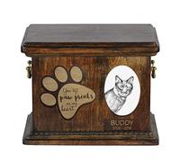 Art-Dog Custom Cat Memorial Urn - Boîte en Bois Faite à la Main pour Les Cendres avec Plaque en Céramique - Boîte de Crémation pour Chat - 8,3x11,4x8,7" - Bobtail des Kouriles I