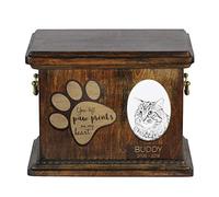 Art-Dog Custom Cat Memorial Urn - Boîte en Bois Faite à la Main pour Les Cendres avec Plaque en Céramique - Boîte de Crémation pour Chat - 8,3x11,4x8,7" - Bobtail des Kouriles