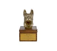 Art-Dog Urne Commémorative Personnalisée pour Chien - Tête de Chien en Bronze Coulé à Froid sur Base en Bouleau - Boîte de Crémation Personnalisée - 16x28x16cm - Boston Terrier