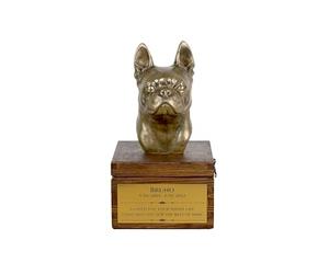 Art-Dog Urne Commémorative Personnalisée pour Chien - Tête de Chien en Bronze Coulé à Froid sur Base en Bouleau - Boîte de Crémation Personnalisée - 16x28x16cm - Boston Terrier