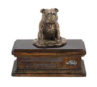 Art-Dog Urne Commémorative Statue de Chien Assis - Bronze Coulé à Froid Fait à la Main sur Base de Bouleau - Urne pour Les Cendres de Chien - 8.3x11.4x8.7-5L -Staffordshire Bull Terrier II