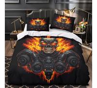 Art du crâne de feu 3D Imprimé Housse de Couette Microfibre inaltérable Style robotique métallique Drap de Couette 2 taies Entretien Facile Adultes Couples King（220x240cm）