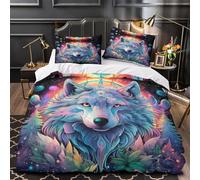 Art du Loup Mystique Impression 3D 3 pièces Housse de Courtepointe Style Fantastique psychédélique Housse de lit Microfibre Doux Fermeture éclair pour Filles Adolescents Femmes Single (135x200cm)