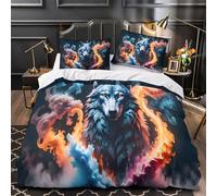 Art du Loup Mystique Parure de Lit 3D Effet Microfibre Hypoallergique Ultra Douce Housse de Couette Fermeture Éclair Respirante for Garçons Filles Single（140x200cm）