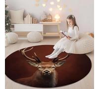 Art Fantastique Cerf Tapis Rond Lavable en Machine 150 cm - Tapis Rond imprimé antidérapant à Poils Courts pour Salon, Chambre d'enfant, décoration de Chambre, Rouge Brique