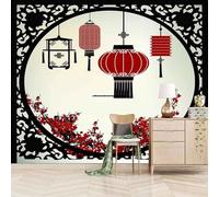 Art Floral Simple Et Créatif Avec Lanterne Rouge Papier Peint 3D Installation Facile Intissé Tapisserie Bureau Salon Canapé Chambre Décoration Murale-300cm×210cm