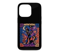 Art Folklorique géométrique Chat Lune Amoureux des Chats œuvres d'art Coque pour iPhone 13 Pro