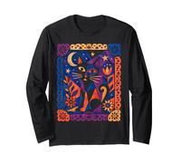 Art Folklorique géométrique Chat Lune Amoureux des Chats œuvres d'art Manche Longue