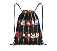 Art Guitar Pattern Titre : Sac de sport léger avec cordon de serrage - Sac de sport pliable résistant à l'eau avec bandoulière réglable, idéal pour le sport, le yoga, les voyages et l'école, Noir , M