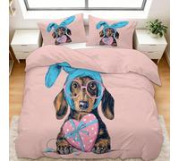 Art Humour Teckel Housse de Couette 140 x 200 cm Rose3D Parures de Lit Enfants Polycoton Douce et Confortable Impression Housse de Couette Set avec 2 Taie d'oreiller