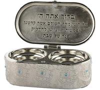 Art Judaica Nickel Oval Travel Candlesticks in Oval Box Filigree Design with Blue Crystals for Shabbat and Holidays