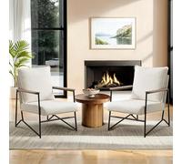 Art Leon Lot de 2 chaises d'appoint modernes en tissu bouclé avec accoudoirs en bois, chaises de salon rembourrées avec pieds en métal pour salon, chambre à coucher, salle de réception, blanc