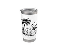 Art linéaire boho avec silhouette de flamant rose et palmier tropical Gobelet isotherme en acier inoxydable double paroi