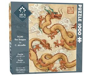ART&Meeple Puzzles 1000 pcs 68x48 cm Haute Qualite + Poster 48x48 cm, Découpe Originale des pièces, Carton épais contrecollé des 2 côtés avec Papier 250 GSM - TICHU : The Dragon