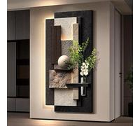 Art Mural 3D en Grès avec LED et Vase Télécommande Entrée Salon Couloir | Double Couche Grès Fait Main avec LED Chaude Télécommande Vase en Verre pour Maison(A,60x120cm/24x47in)
