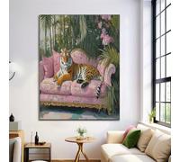 Art Mural Abstrait en Toile, Canapé Tigre, Tableau Decoration Murale Rose Vert Tropical Jardin Animaux, Affiche Decoration Murale Moderne pour Chambre Salon, 80x120cm Sans Cadre