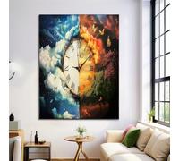 Art Mural Abstrait en Toile, Horloge Nuages, Tableau Decoration Murale Bleu-Orange Rêves Paysage, Affiche Decoration Murale Moderne pour Chambre Salon, 50x70cm Sans Cadre