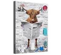 Art mural amusant pour salle de bain, animaux drôles, lecture journaux dans les toilettes, sans cadre (bovins des hautes terres, 50 x 70 cm)