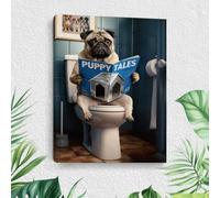 Art mural amusant pour salle de bain avec carlin, carlin lisant un journal sur toilette, décoration murale sur toile, image d'animal humoristique encadrée, impressions d'affiches de salle de bain, art