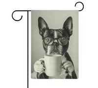 Art mural Boston Terrier buvant du café, drapeau imprimé noir et blanc pour jardin, design décoratif moderne populaire 30 x 45 cm