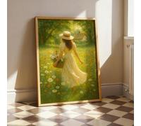 Art mural Cottagecore, affiche imprimée de champ de fille de fleur, image florale d'été, peinture de décoration de campagne vintage, œuvre d'art cadre 60x90 cm