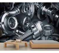 Art mural de pièces automobiles de turbocompresseur et de transmission Peinture murale à thème mécanicien pour atelier, garage automobile et décoration intérieure moderne 300x210cm (Non autocollant)