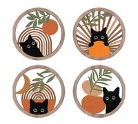 Art mural de salle de bain de chat, décoration murale bohème, 4 panneaux en bois de lune et de soleil - Art mural botanique, rideaux géométriques de ferme, décoration ronde pour chambre à coucher à la