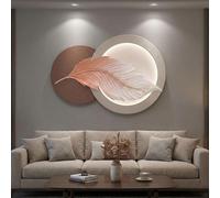 Art mural éclairé par LED 3D Sculpture murale moderne en grès avec vase, alimentation enfichable, plume ronde, peinture suspendue for le couloir d'entrée du salon(Pink-Horizontal,45.3x31.5in)