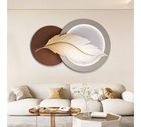 Art mural éclairé par LED 3D Sculpture murale moderne en grès avec vase, alimentation enfichable, plume ronde, peinture suspendue for le couloir d'entrée du salon(Gold-Horizontal,47.2x33.1in)