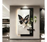Art mural en grès, sculpture papillon murale 3D texturée à LED | Tableau mural lumineux en plâtre avec vase hydroponique, pour couloir, salon et entrée(D,90*180cm/35.4*70.8in)