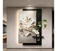 Art mural en grès, sculpture papillon murale 3D texturée à LED | Tableau mural lumineux en plâtre avec vase hydroponique, pour couloir, salon et entrée(C,70*140cm/27.5*55.1in)