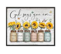 Art mural inspirant avec verset de la Bible : Dieu dit que vous êtes, tournesol dans un bocal Mason - Impression de citation chrétienne pour femme et fille - Décoration de chambre à coucher - 61 x