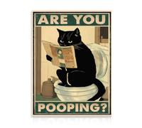 Art Mural Marrant pour la Salle de Bain - Chat Noir, Panneau Are You Pooping Cat, Poster pour la Salle de Bain Chat Vintage Assis sur les Toilettes, Lisant le Journal 30x40 cm Sans Cadre