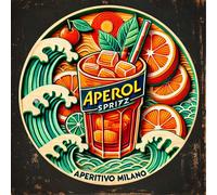 Art mural métallique sur le thème de l'Aperol Spritz italien, design circulaire et vibrant de l'Aperol Spritz, impression haute définition imperméable, surface texturée, pré-percé pour une installatio