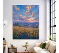Art Mural Paysage Champ Tournesols pour Décoration de la Salle de Bain, Tableau Décoration Murale Bleu Ciel, Impressions sur Toile de Peinture À L'Huile Style Lever Soleil, 40×60 cm Sans Cadre