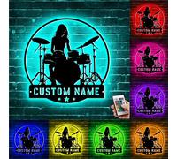 Art Mural Personnalisé en Métal pour Femme Batteur avec Lumières LED - Nom du Batteur, Panneaux, Instrument de Salle de Musique, Décoration Murale, Cadeau pour Fille