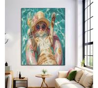 Art Mural Poster Piscine Chats, Décoration Murale Toile Tableau Animaux Portraits, Tableau Mural Turquoise en Toile pour Chambre Salle de Bain, 70x100cm Sans Cadre