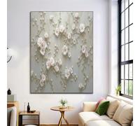 Art Mural Poster Vignes Florales, Décoration Murale Toile Tableau 3D Plâtre, Tableau Mural Beige en Toile pour Chambre Salle de Bain, 40x50cm Sans Cadre